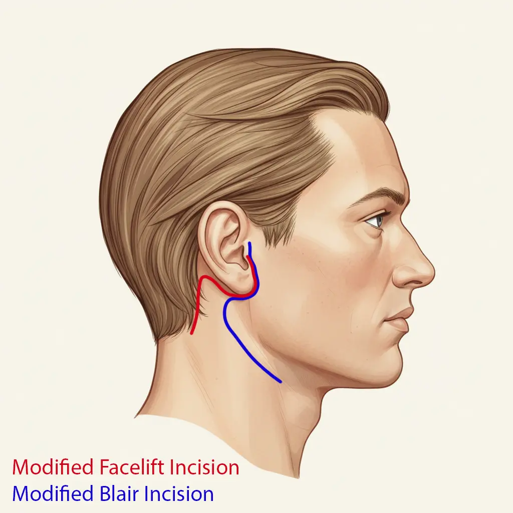 Diagram showing the incision lines for Parotidectomy surgery